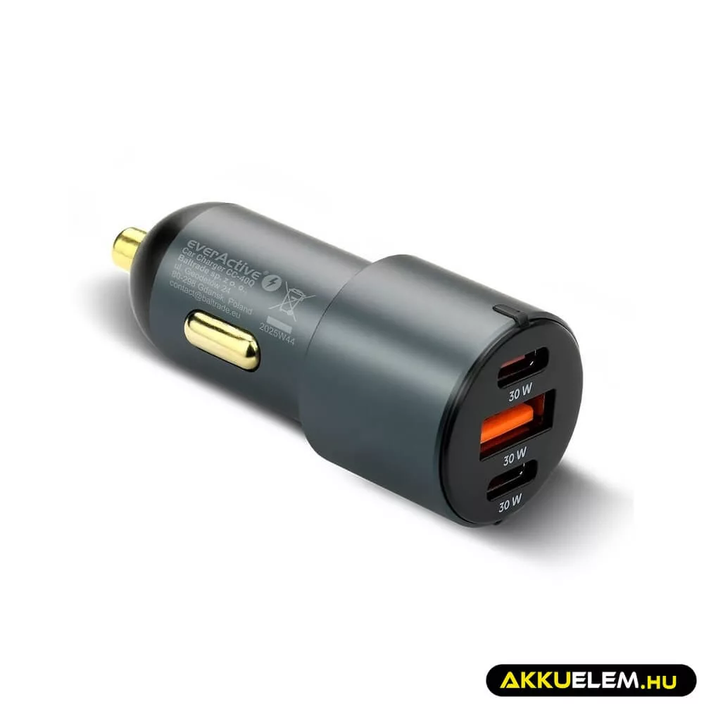 EverActive autós gyorstöltő 1xUSB 2xUSB-C QC3.0 PD 60W