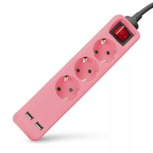   Hálózati hosszabbító 3 aljzat földelt 1.5m 1 kapcsoló 2 USB elosztó ENTAC PINK