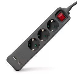   Hálózati hosszabbító 3 aljzat földelt 1.5m 1 kapcsoló 2 USB elosztó ENTAC BLACK