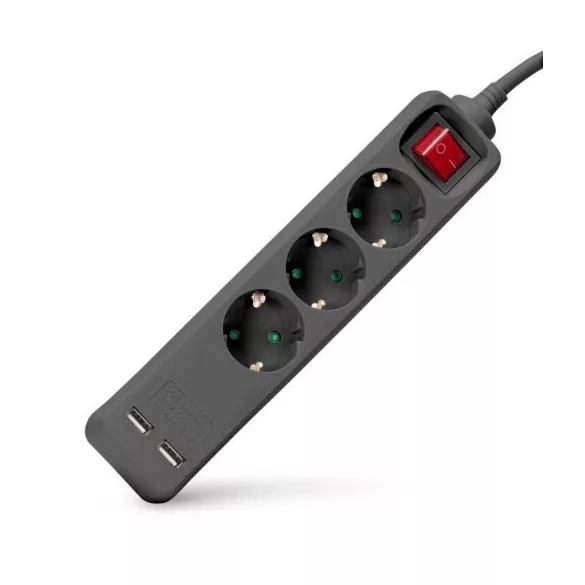 Hálózati hosszabbító 3 aljzat földelt 1.5m 1 kapcsoló 2 USB elosztó ENTAC BLACK