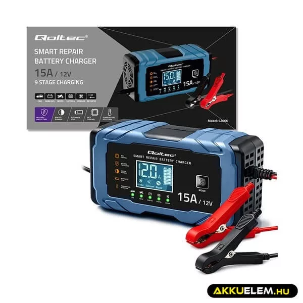 Qoltec Intelligens Akkumulátor töltő, Javitó funkcióval AGM GEL LiFePO4 12V 15A