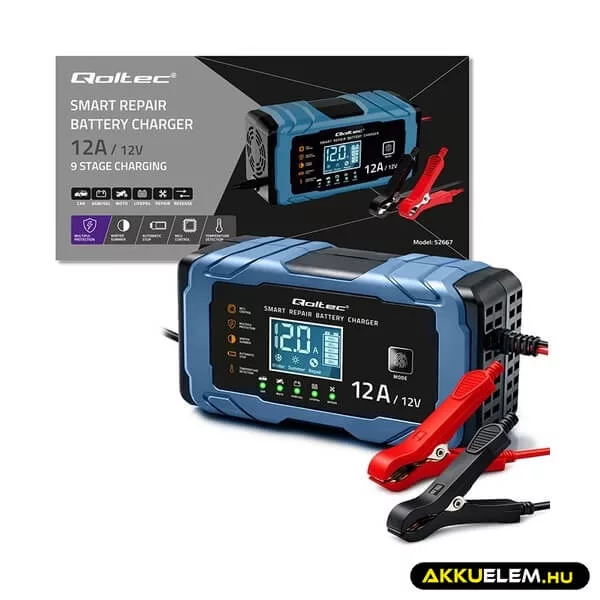 Qoltec Intelligens akkumulátor töltő, javitó funkcióval AGM GEL LiFePO4 12V 12A