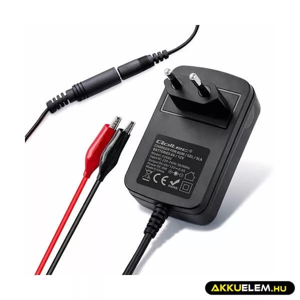 Qoltec akkumulátor töltő AGM GEL SLA 6V/12V 0,5A 1,8m csipesz + 5,5x2,1 dugó