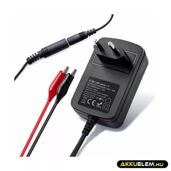 Qoltec akkumulátor töltő AGM GEL SLA 6V/12V 0,5A 1,8m csipesz + 5,5x2,1 dugó