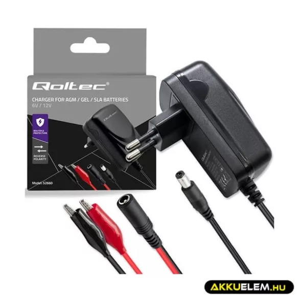 Qoltec akkumulátor töltő AGM GEL SLA 6V/12V 0,5A 1,8m csipesz + 5,5x2,1 dugó