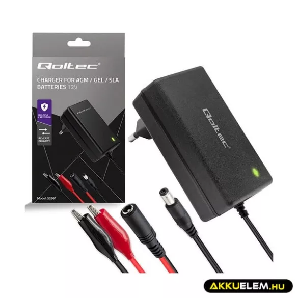 Qoltec akkumulátor töltő AGM GEL SLA 12V 2A 1,8m csipesz + 5,5x2,1 dugó