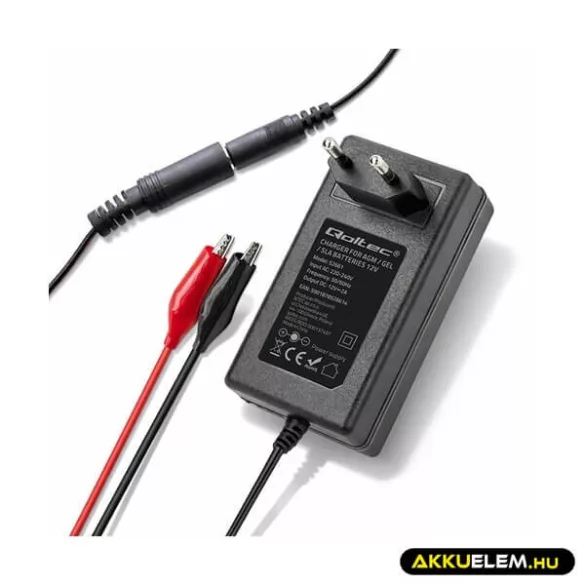 Qoltec akkumulátor töltő AGM GEL SLA 12V 2A 1,8m csipesz + 5,5x2,1 dugó