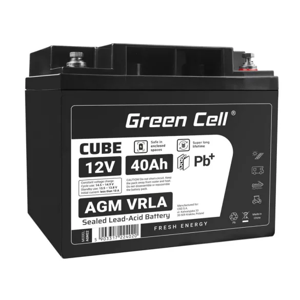 GreenCell CUBE AGM IP54 12V 40Ah VRLA akkumulátor Gel Deep Cycle robogókhoz fűnyírókhoz hajókhoz - GreenCell