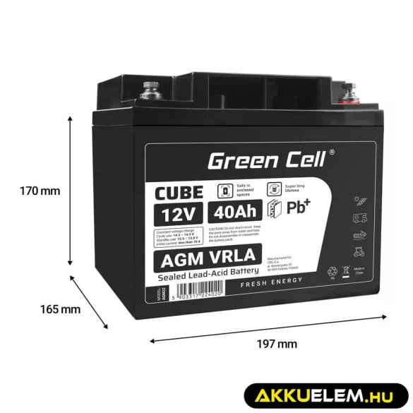 GreenCell CUBE AGM IP54 12V 40Ah VRLA akkumulátor Gel Deep Cycle robogókhoz fűnyírókhoz hajókhoz - GreenCell