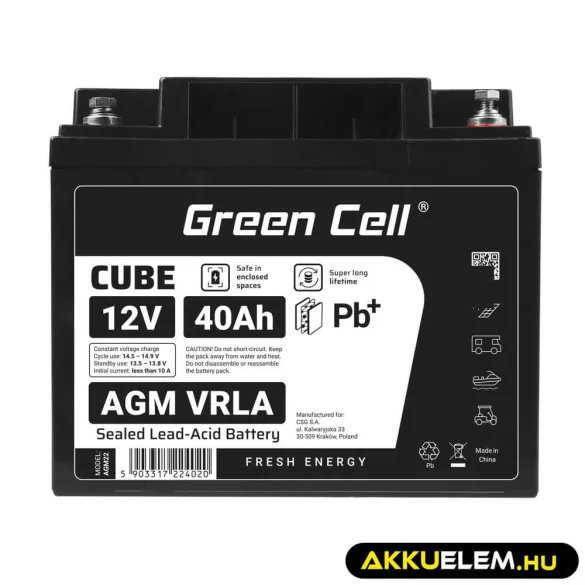 GreenCell CUBE AGM IP54 12V 40Ah VRLA akkumulátor Gel Deep Cycle robogókhoz fűnyírókhoz hajókhoz - GreenCell