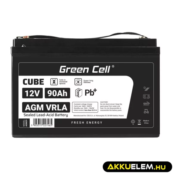 GreenCell CUBE AGM IP54 12V 90Ah VRLA akkumulátor Gel Deep Cycle robogókhoz fűnyírókhoz hajókhoz - GreenCell