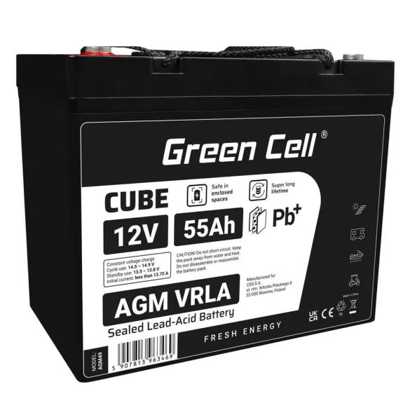 GreenCell CUBE AGM IP54 12V 55Ah VRLA akkumulátor Gel Deep Cycle robogókhoz fűnyírókhoz hajókhoz - GreenCell