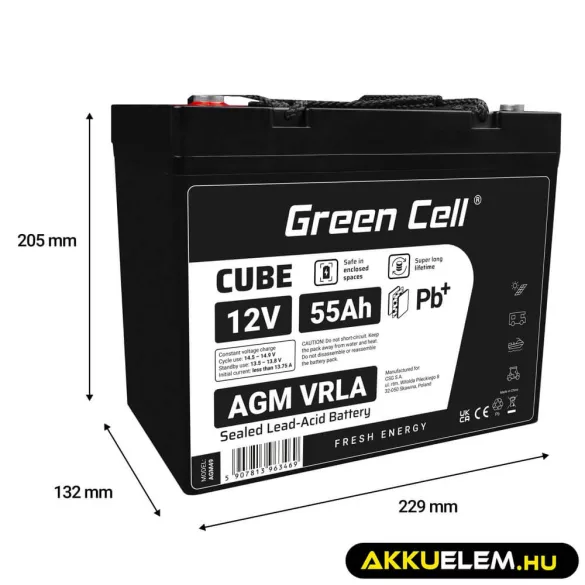 GreenCell CUBE AGM IP54 12V 55Ah VRLA akkumulátor Gel Deep Cycle robogókhoz fűnyírókhoz hajókhoz - GreenCell