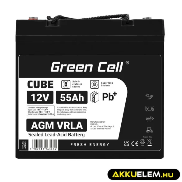 GreenCell CUBE AGM IP54 12V 55Ah VRLA akkumulátor Gel Deep Cycle robogókhoz fűnyírókhoz hajókhoz - GreenCell
