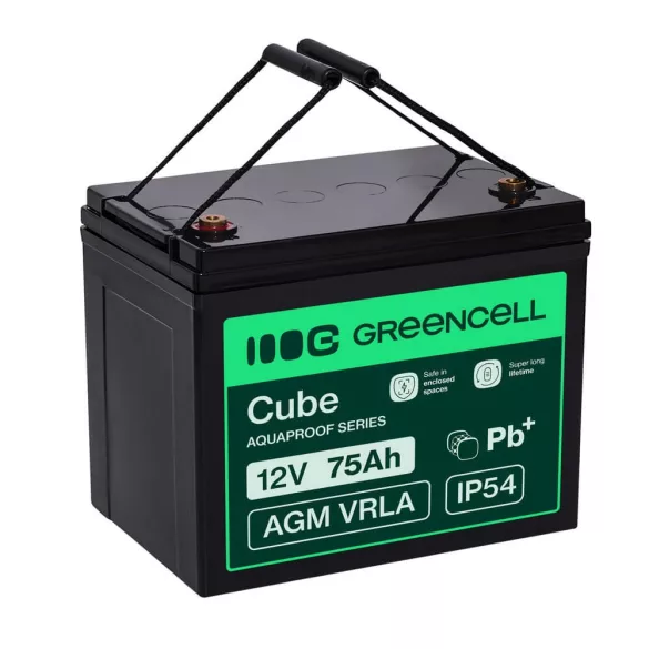 GreenCell CUBE AGM IP54 12V 75Ah VRLA akkumulátor Gel Deep Cycle keresszékekhez napelemes rendszerekhez - GreenCell