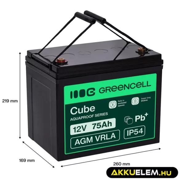 GreenCell CUBE AGM IP54 12V 75Ah VRLA akkumulátor Gel Deep Cycle keresszékekhez napelemes rendszerekhez - GreenCell