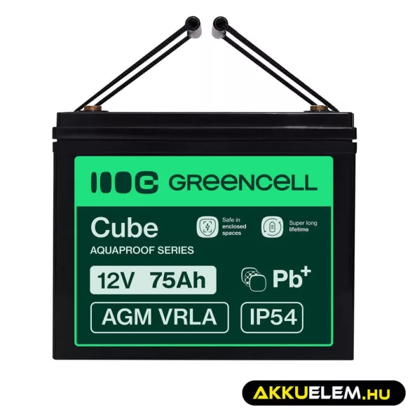 GreenCell CUBE AGM IP54 12V 75Ah VRLA akkumulátor Gel Deep Cycle keresszékekhez napelemes rendszerekhez - GreenCell