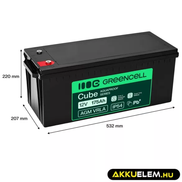 GreenCell AGM VRLA 12V 175Ah akkumulátor hajókhoz napelemes rendszerekhez (532x207x220mm) - GreenCell