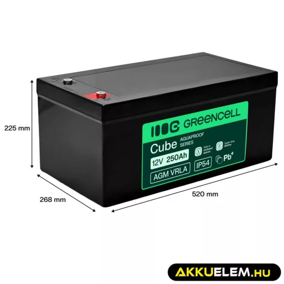 GreenCell AGM VRLA 12V 250Ah akkumulátor hajókhoz napelemes rendszerekhez (520x268x225mm) - GreenCell