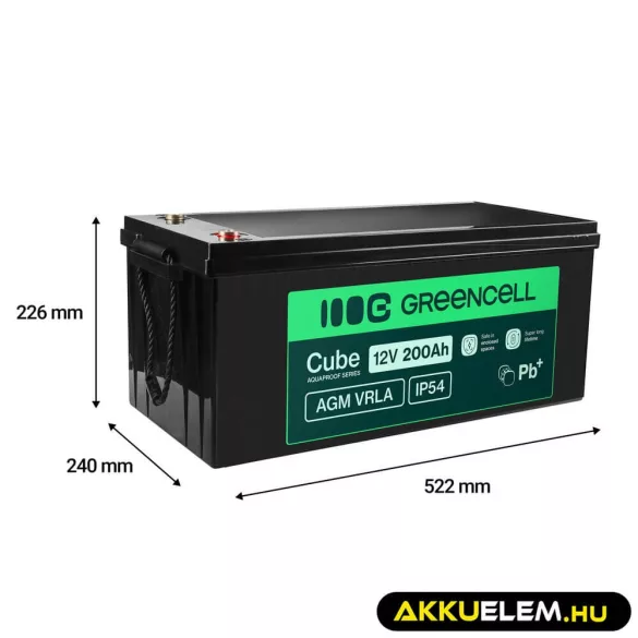 GreenCell AGM VRLA 12V 200Ah akkumulátor solar hajókhoz applications (240x522x226mm) - GreenCell