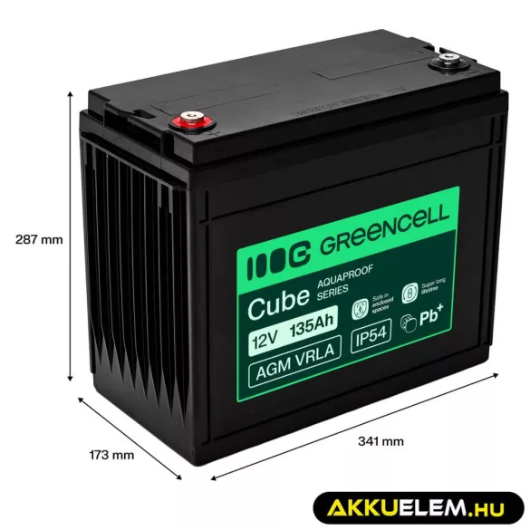 GreenCell AGM VRLA 12V 135Ah akkumulátor hajókhoz napelemes rendszerekhez (341x173x287mm) - GreenCell