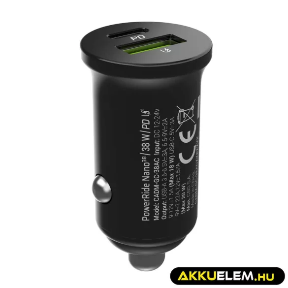 Greencell autós töltő 38W PowerRide Nano38 mit USB-C USB-A Power Delivery Ultra Charge - GreenCell