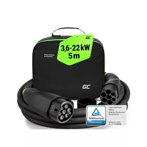 Greencell Type 2 EV elektromos autó töltőkábel 22 kW 5 m Tesla Model 3 S X Y VW ID.3 ID.4 ID.5 Kia EV6 Audi E-Tron Fiat 500e - GreenCell