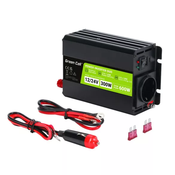 GreenCell Inverter 12V / 24V 230V 300W/600W DUO Módosított szinuszhullámú - GreenCell