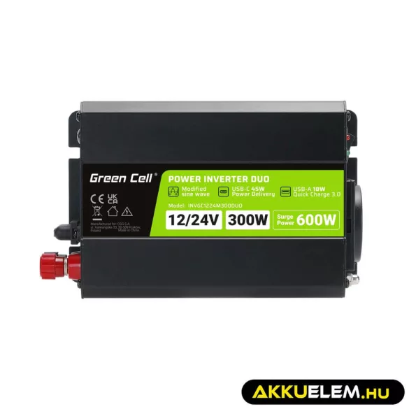 GreenCell Inverter 12V / 24V 230V 300W/600W DUO Módosított szinuszhullámú - GreenCell