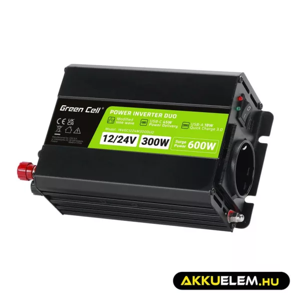 GreenCell Inverter 12V / 24V 230V 300W/600W DUO Módosított szinuszhullámú - GreenCell