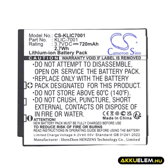 Utángyártott Kodak Kamera Li-ion akkumulátor 3.7V 720mAh KLIC-7001 KLIC-7001 - CameronSino