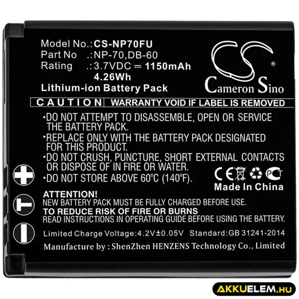 Utángyártott Ricoh Kamera Li-ion akkumulátor 3.7V 1150mAh DB-60, DB-65 DB-60, DB-65 - CameronSino