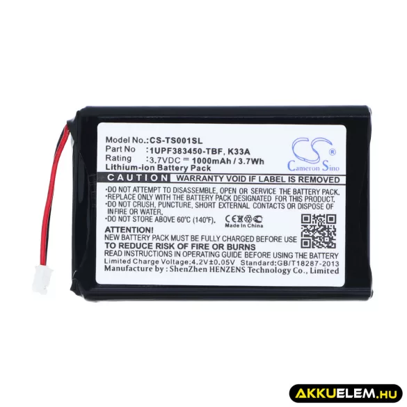 Utángyártott Toshiba Médialejátszó Li-ion akkumulátor 3.7V 1000mAh 1UPF383450-TBF, K33A, 1UPF383450-830 1UPF383450-TBF, K33A - CameronSino