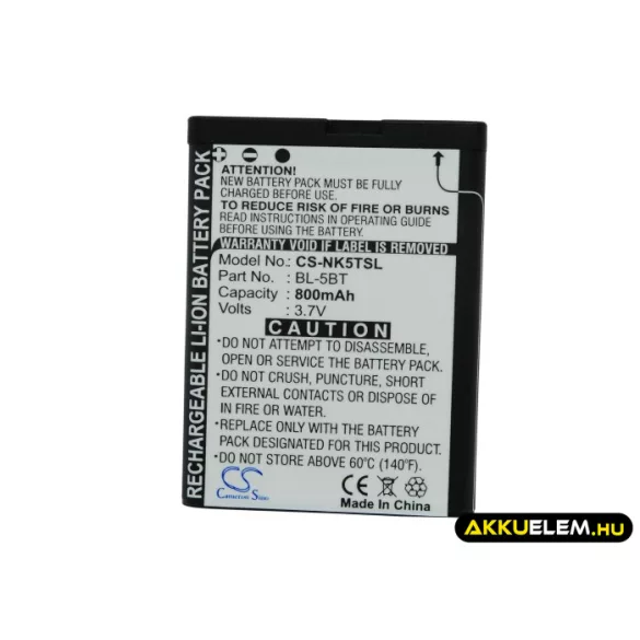 Utángyártott Nokia mobil Li-ion akkumulátor 3.7V 800mAh BL-5BT BL-5BT - CameronSino