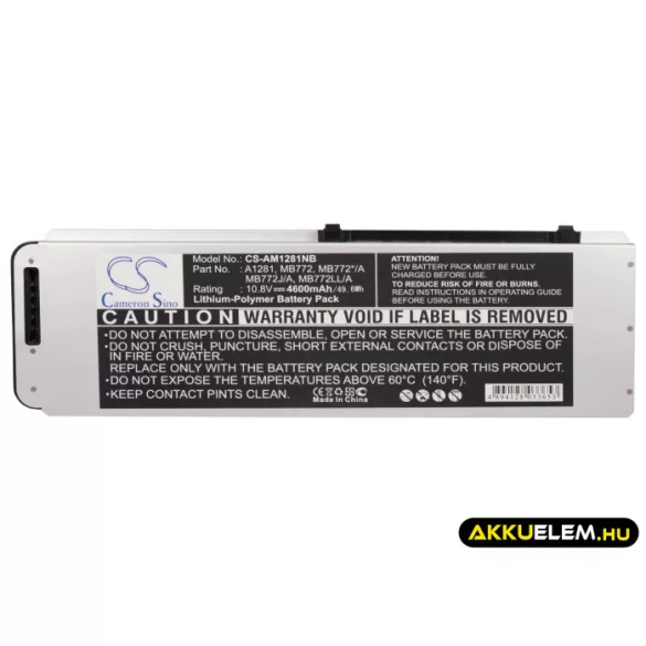 Utángyártott Apple laptop Li-Polymer akkumulátor 10.8V 4600mAh A1281, MB772, MB772*/A A1281, MB772 - CameronSino