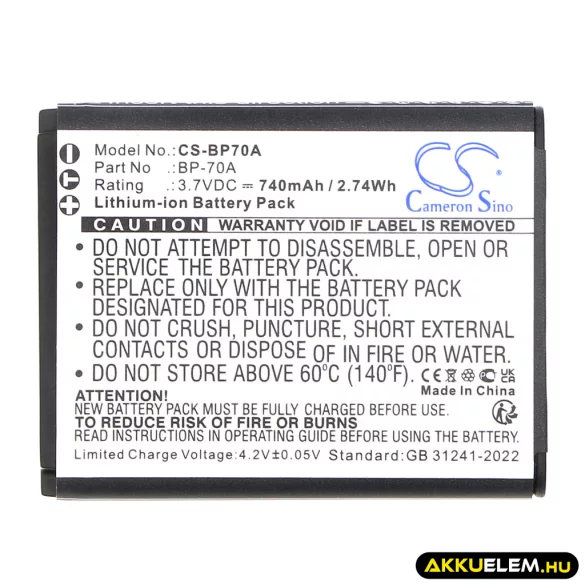 Utángyártott Samsung Kamera Li-ion akkumulátor 3.7V 740mAh BP-70A, EA-BP70A, BP-70EP BP-70A, EA-BP70A - CameronSino