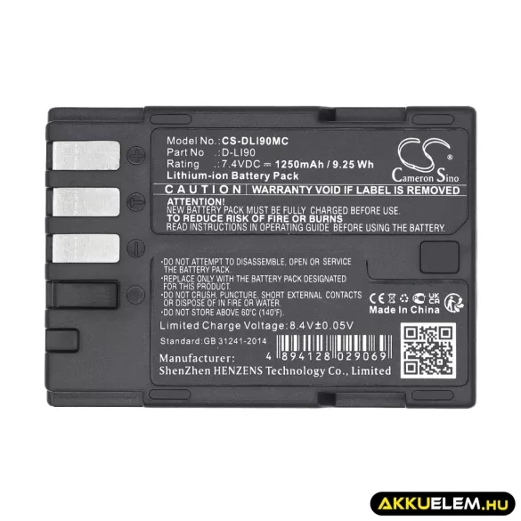 Utángyártott Pentax Kamera Li-ion akkumulátor 7.4V 1250mAh D-LI90 D-LI90 - CameronSino