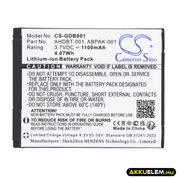 Utángyártott GoPro Kamera Li-ion akkumulátor 3.7V 1100mAh AHDBT-001, ABPAK-001, AHDBT-002 AHDBT-001, ABPAK-001 - CameronSino