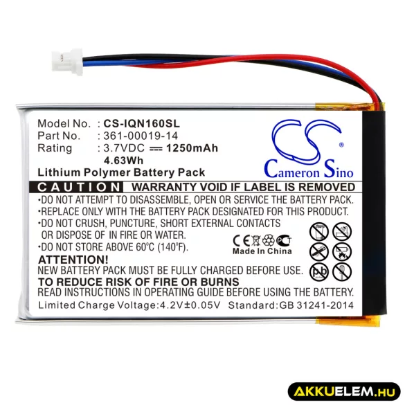 Utángyártott Garmin GPS Li-Polymer akkumulátor 3.7V 1250mAh 361-00019-14 - CameronSino