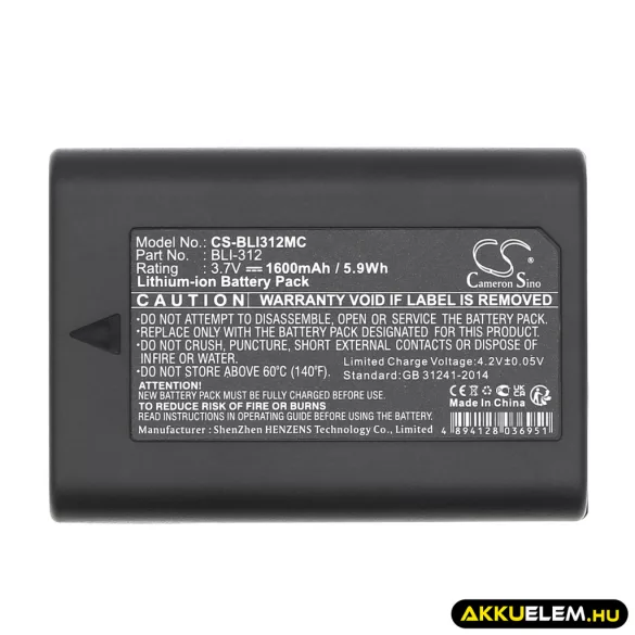 Utángyártott Leica Kamera Li-ion akkumulátor 3.7V 1600mAh BLI-312, BP-SCL1 - CameronSino