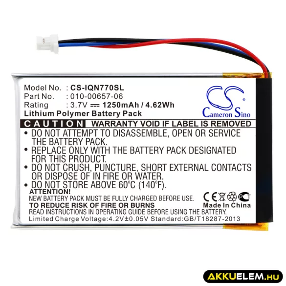 Utángyártott Garmin GPS Li-Polymer akkumulátor 3.7V 1250mAh 010-00657-06 - CameronSino