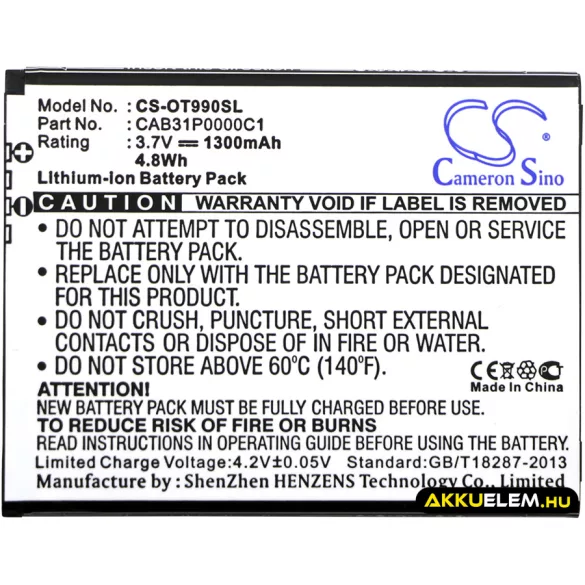 Utángyártott TCL mobil Li-ion akkumulátor 3.7V 1300mAh CAB31P0000C1, CAB31P0001C1 - CameronSino