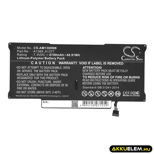 Utángyártott Apple laptop Li-Polymer akkumulátor 7.3V 6700mAh A1369, A1377 - CameronSino