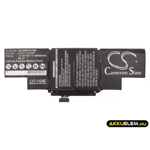 Utángyártott Apple laptop Li-Polymer akkumulátor 10.95V 8600mAh A1417, A1398 - CameronSino