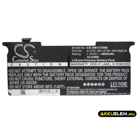 Utángyártott Apple laptop Li-Polymer akkumulátor 7.3V 4800mAh A1375, 661-5736 - CameronSino