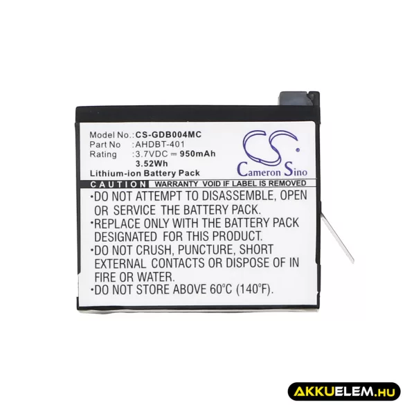 Utángyártott GoPro Kamera Li-ion akkumulátor 3.7V 950mAh AHDBT-401, 335-06532-000 - CameronSino