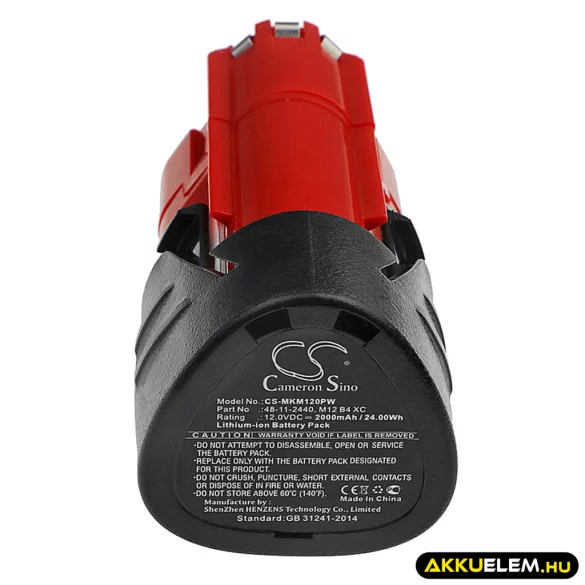 Utángyártott Milwaukee szerszámgép Li-ion akkumulátor 12V 2000mAh 48-11-2440, M12 B3 XC - CameronSino