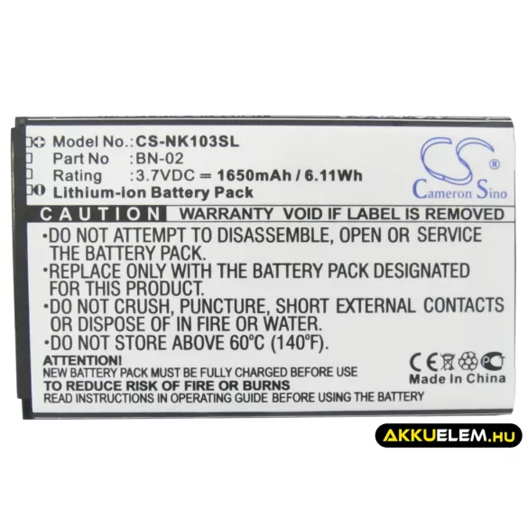 Utángyártott Nokia mobil Li-ion akkumulátor 3.7V 1650mAh BN-02 - CameronSino
