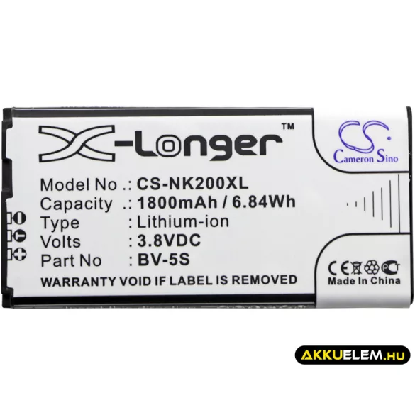 Utángyártott Nokia mobil Li-ion akkumulátor 3.8V 1800mAh BV-5S - CameronSino