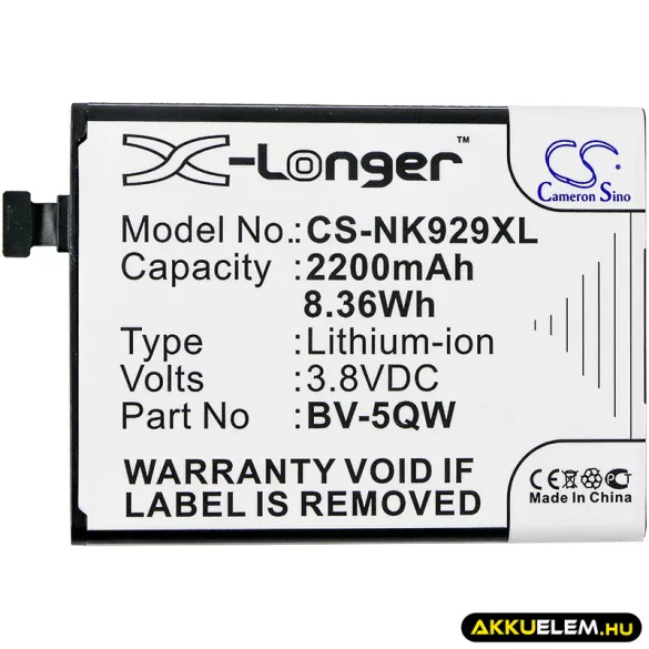 Utángyártott Nokia mobil Li-ion akkumulátor 3.8V 2200mAh BV-5QW - CameronSino